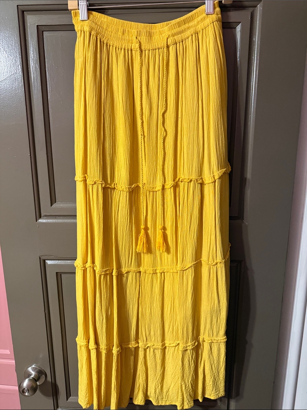 Sunny Tiered Maxi Skirt with Tassel Waist - Yellow